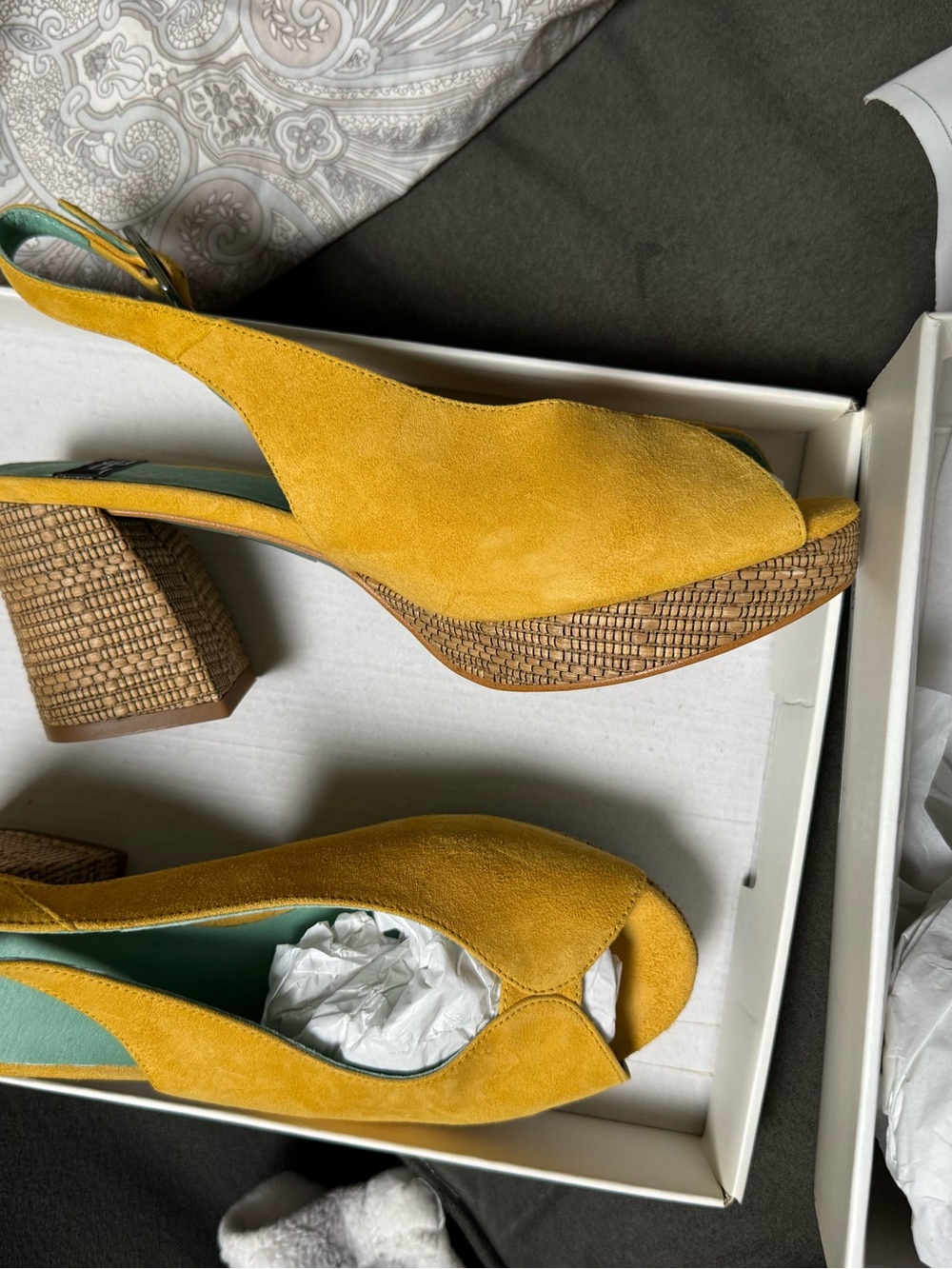 Women’s Suede Slingback Peep-Toe Sandals in Mustard Yellow